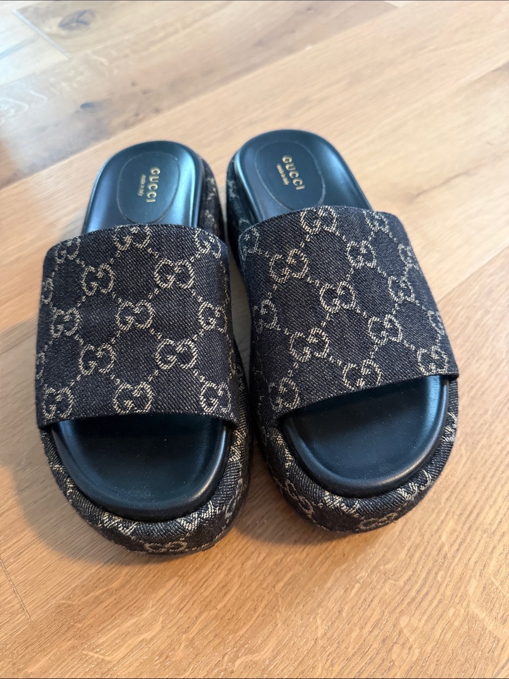 Gucci Black & Gold GG Canvas Slide Sandals
